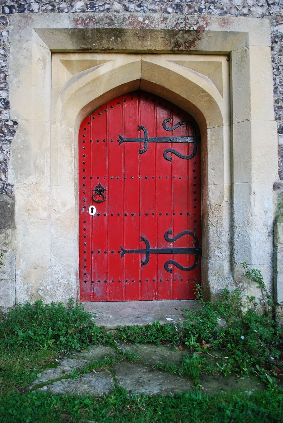 closed red door, door, church, old, architecture, entrance, religion, doorway, stone, building