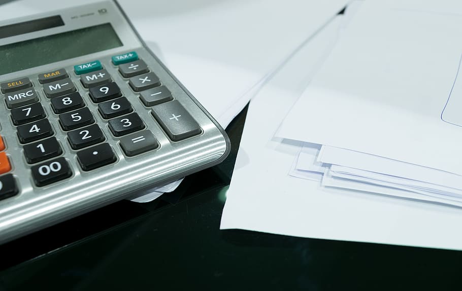 gris, calculadora de escritorio, parte superior, pila, documentos, negocios, contabilidad, finanzas, inversión, dinero
