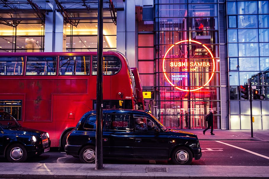 赤, バス, 黒, タクシー, 座る, 忙しい, ロンドンストリート, 黒タクシー, 都市, 車