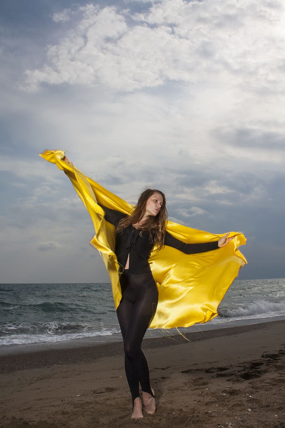 woman, raising, yellow, cloth, model, beach, beautiful, photography, human, exposure