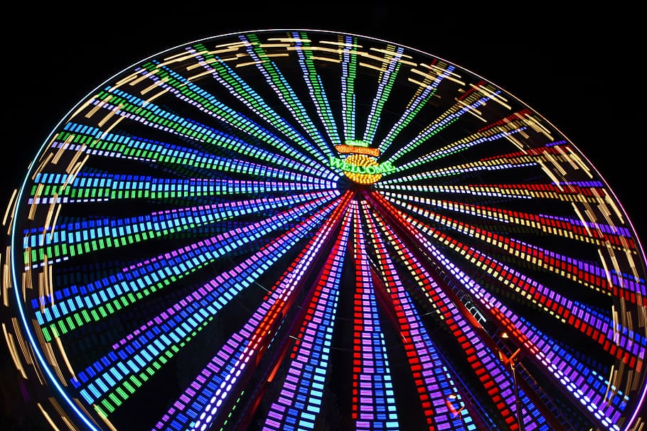 foto em lapso de tempo, roda gigante, roda, multicolorido, led, luzes, feira, azáfama, mercado do ano, festival folclórico