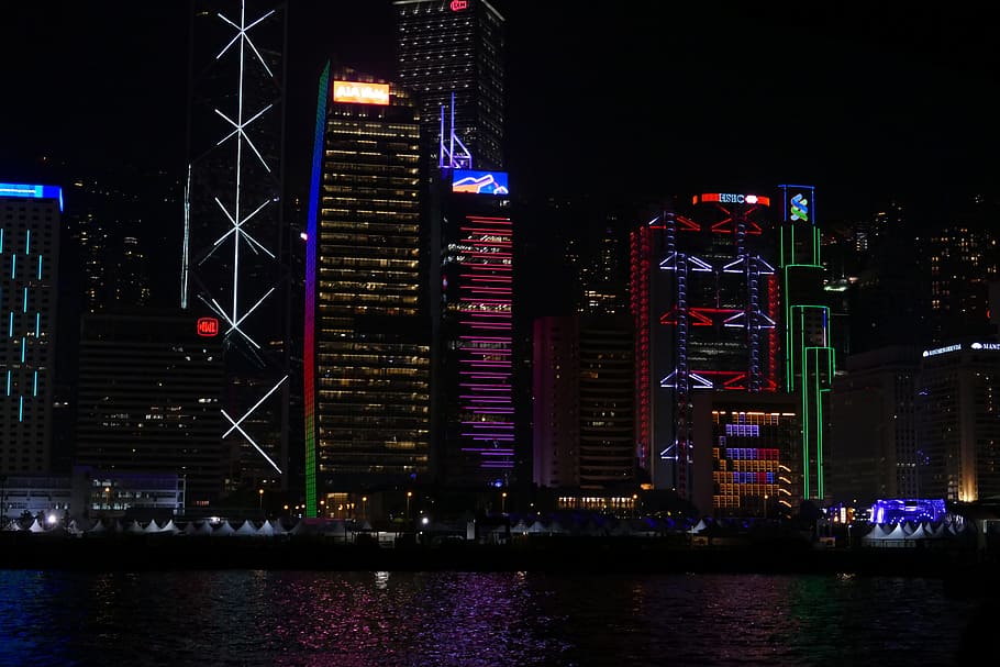 Hong Kong, Cina, Asia, Pencakar Langit, kota besar, kaki langit, panorama, malam, cahaya, diterangi