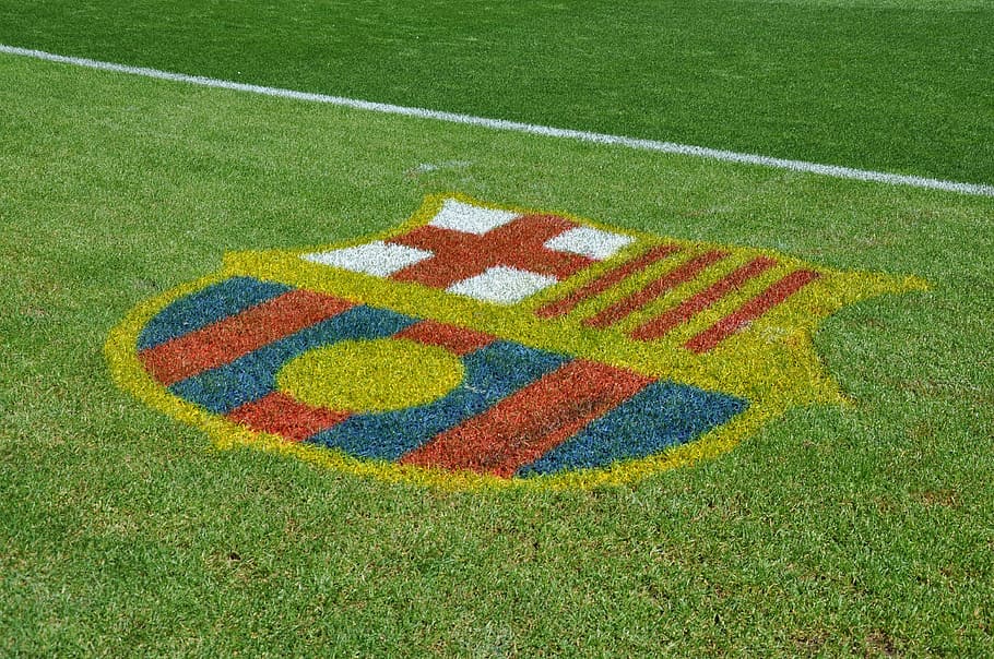 fc barcelona logo, barcelona, football, grass, line, logo, multi colored, high angle view, green color, plant