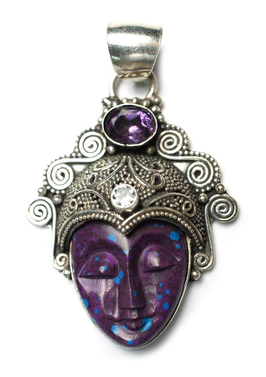 silver-colored pendant, purple, gemstone, stone, pendant, goddess, asian, amethyst, jasper, agate
