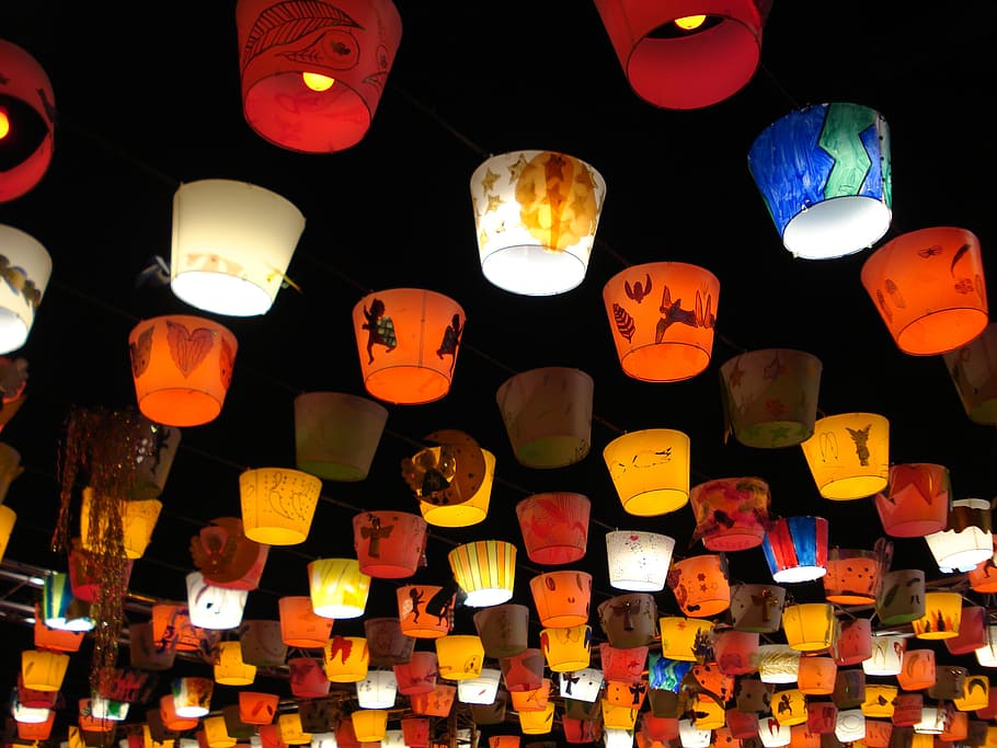 lanterns, lights, christmas, lausanne, place bel-air, colors, illuminated, lighting equipment, large group of objects, low angle view