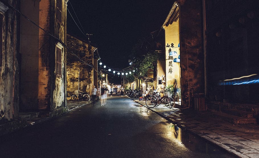 street during nighttime, road, village, night, calm, quiet, old, dark, asian, town