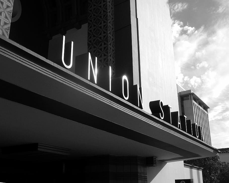 union station, downtown, los angeles, black and white, landmark, train, built structure, architecture, building exterior, sky