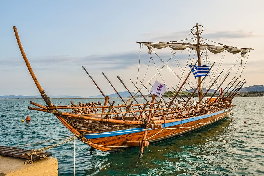brown, wooden, boat, dock, argo, ship, ancient, greek, greece, mythology