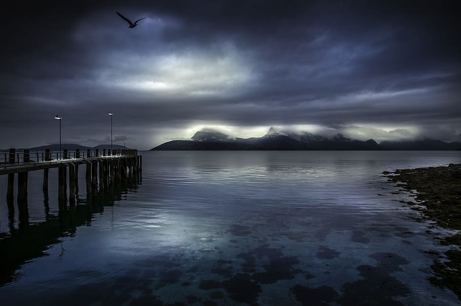 dock, body, water, dark, clouds, lofoten, lofoten fishing village, wilderness, nordland, norway