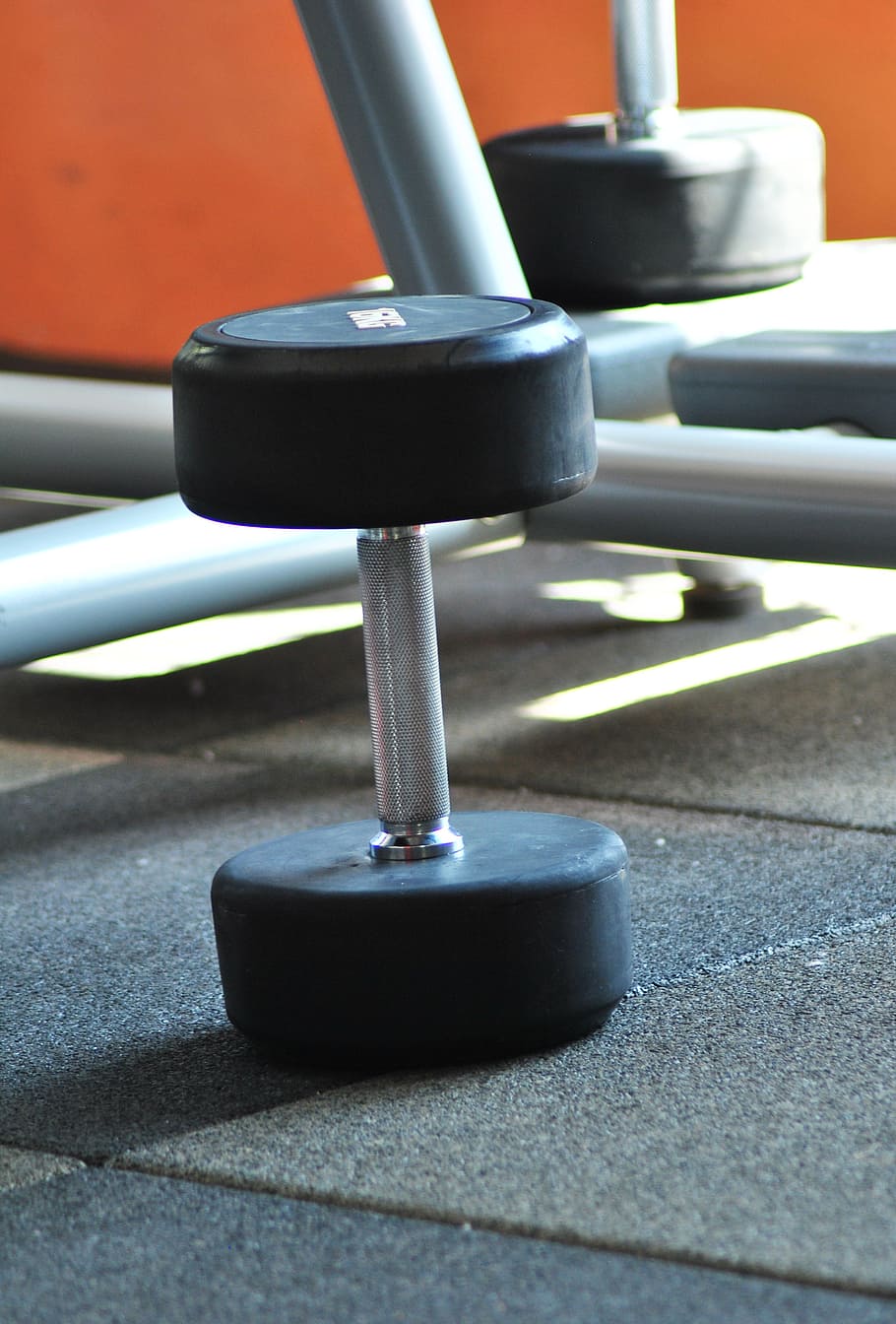 black, silver dumbbell, gray, surface, dumbbell, gym, weight, fitness, workout, close-up