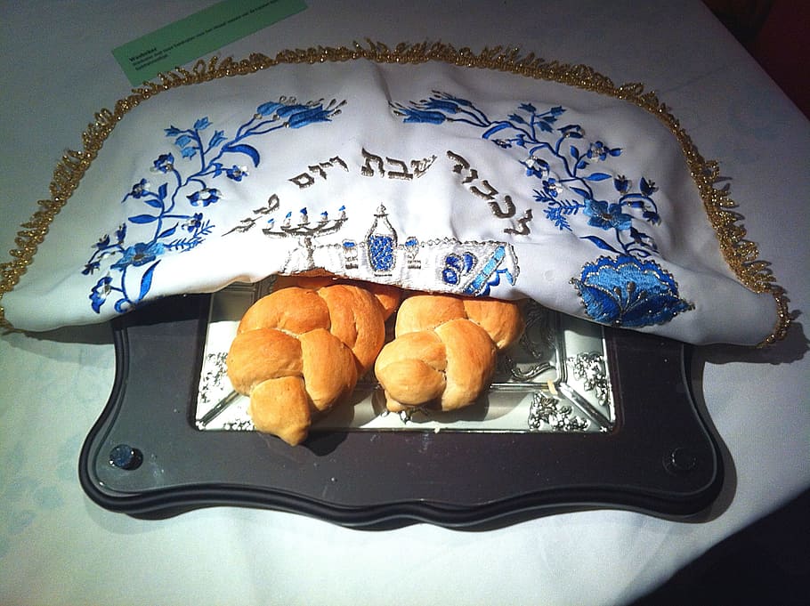 two, breads, white, blue, textile, cover, challah, shabbat, challah board, jewish