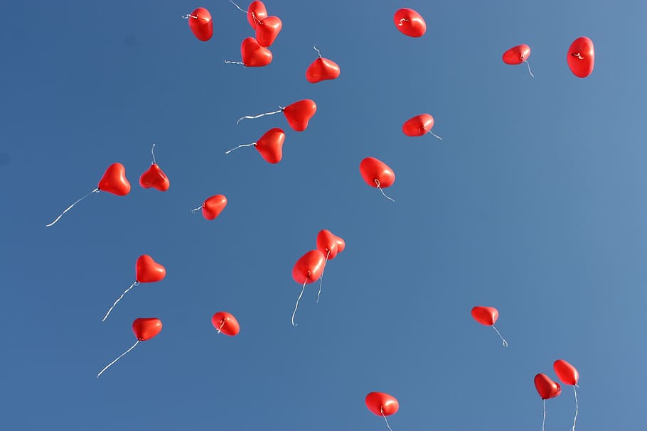 red, heart balloons, mid, air, day, balloon, blue sky, blue, sky, fly