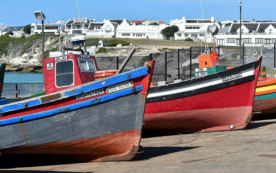 fishing boats, dry dock, south africa, arniston, sea, harbour, nautical vessel, transportation, mode of transportation, moored