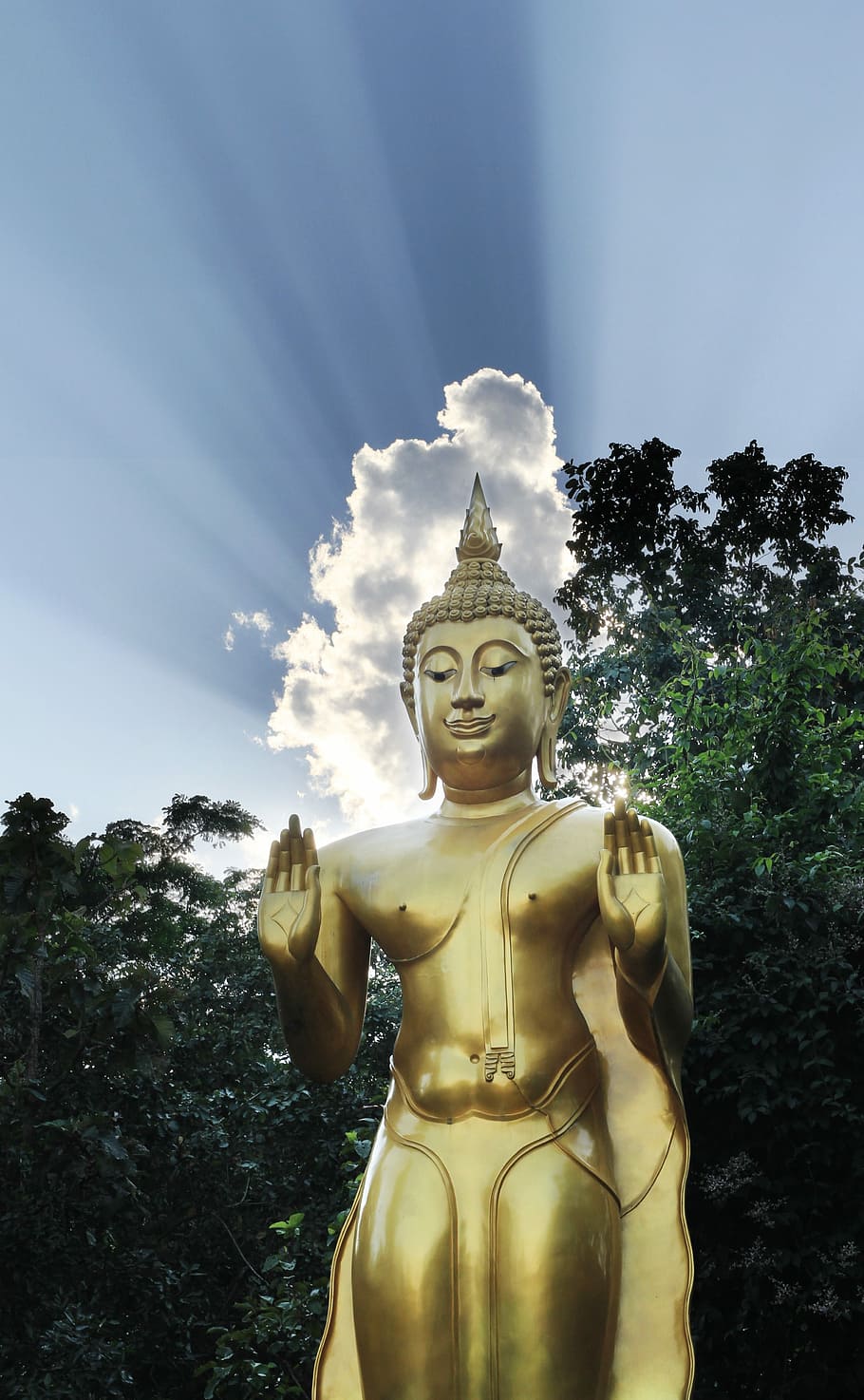 Buddha, Blue Sky, Gold, statue, religion, tree, sculpture, spirituality, gold colored, human representation