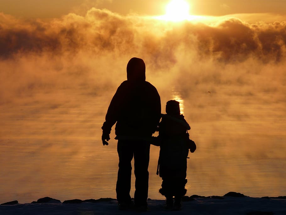 silhouette, person, standing, mountain, fog, mist, golden, sunrise, lake, father son