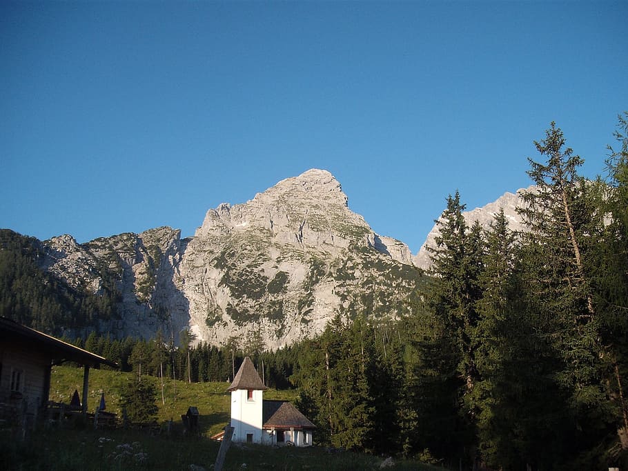 montañas, cabaña alpina, watzmann, montaña, naturaleza, Alpes europeos, paisaje, Cielo, árbol, planta