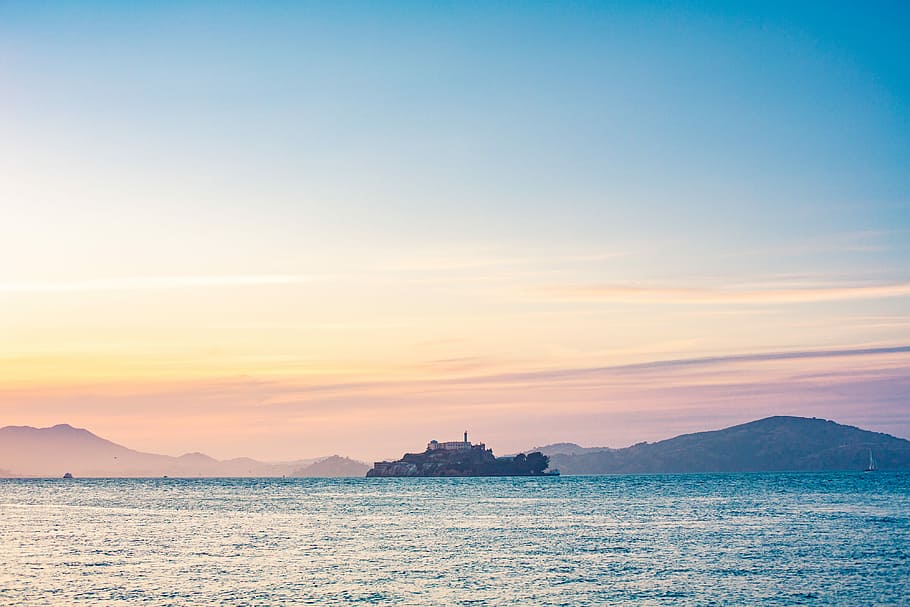 Lonely, Alcatraz Island, Middle, San Francisco Bay, alcatraz, california, cloudless, colorful, hills, historic