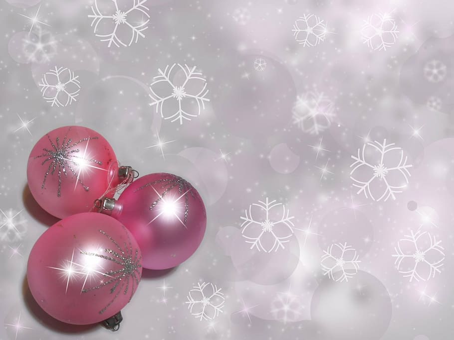 three, round, purple, ornaments, decoration, silver, white, christmas time, christmas card, pink