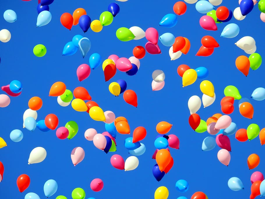 globo de colores variados, flotante, cielo, día, globo, fiesta, carnaval, movimiento, cumpleaños, boda