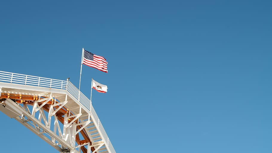 bendera usa, dipasang, putih, pagar logam, langit, ruang, biru, bendera, amerika, california