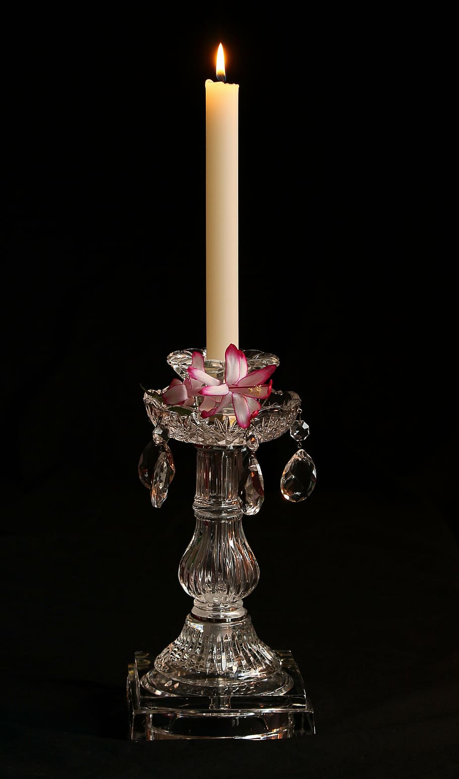 white, pillar candle, clear, glass candle holder, candlestick, crystal, prism, cut glass, candle, candelabra