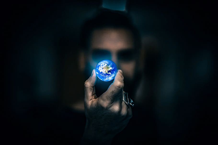 earth, flight, hand, small, man, glow, blue, human body part, technology, one person