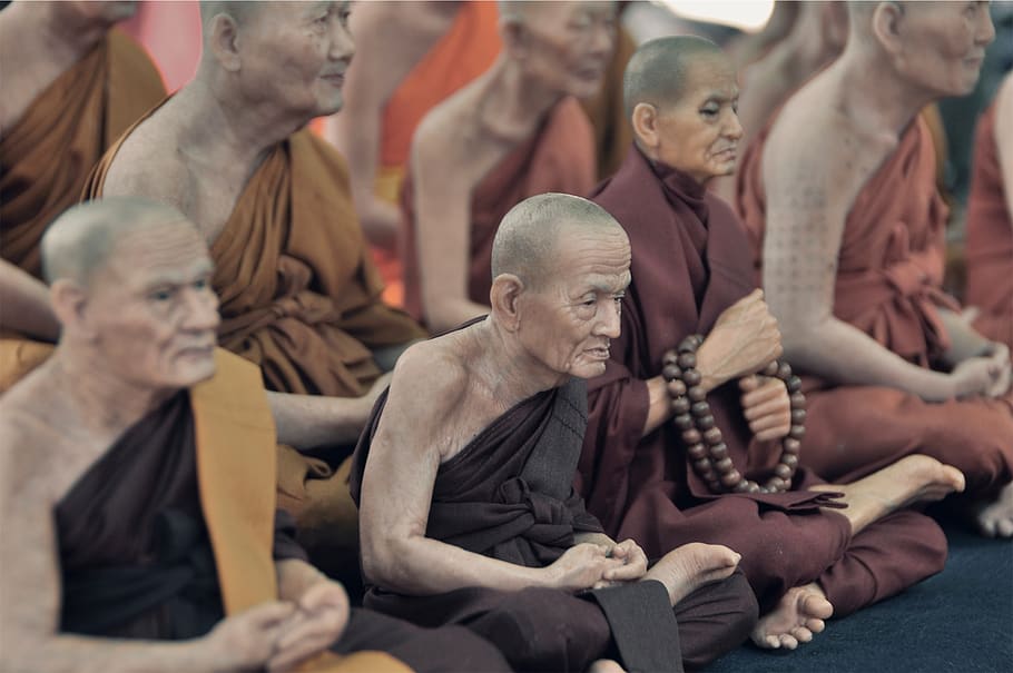 biksu, agama, budaya, tua, orang, berdoa, kelompok, Asia, representasi manusia, duduk