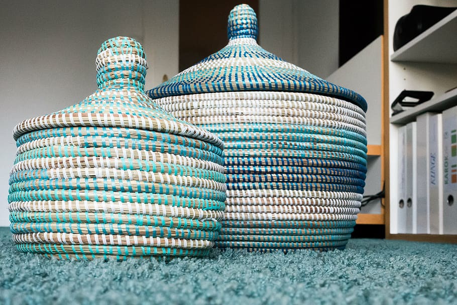 teal, white, knitted, vases, basket, raffia basket, turquoise, blue, structure, container