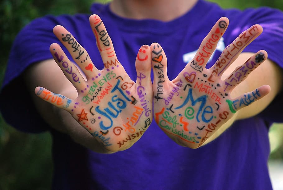 person, wearing, purple, crew-neck t-shirt, hand art, hands, words, meaning, fingers, expression