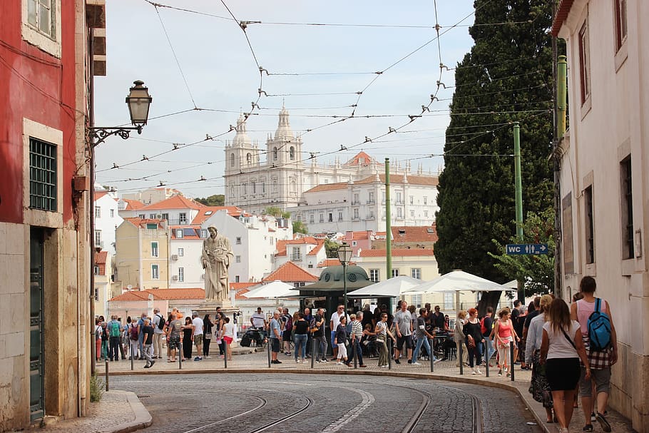 lisbon, portugal, city, architecture, tourism, street, crowd, building exterior, built structure, group of people