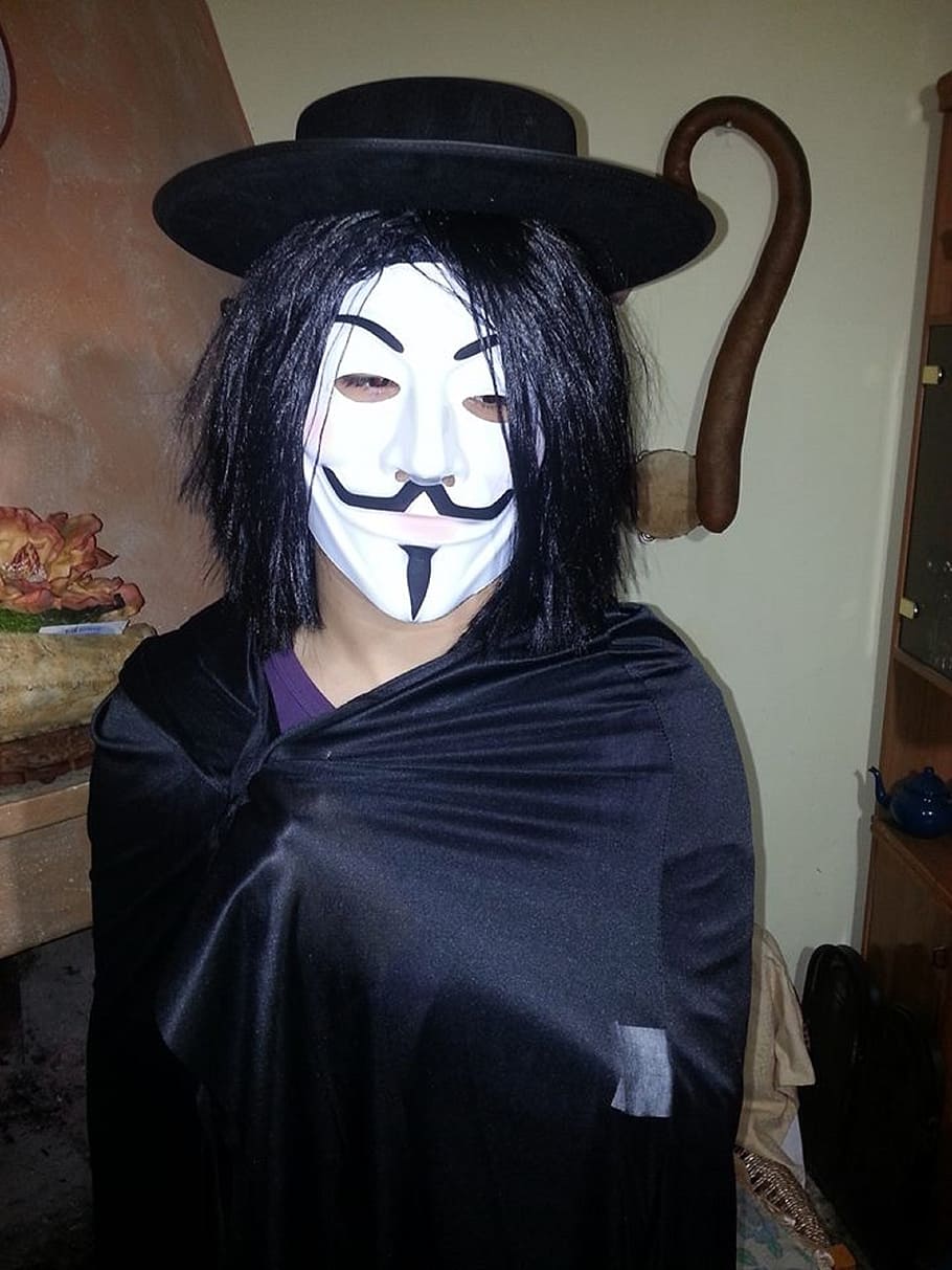 v, anonymous, anon, revenge, costume, one person, real people, indoors, clothing, hairstyle