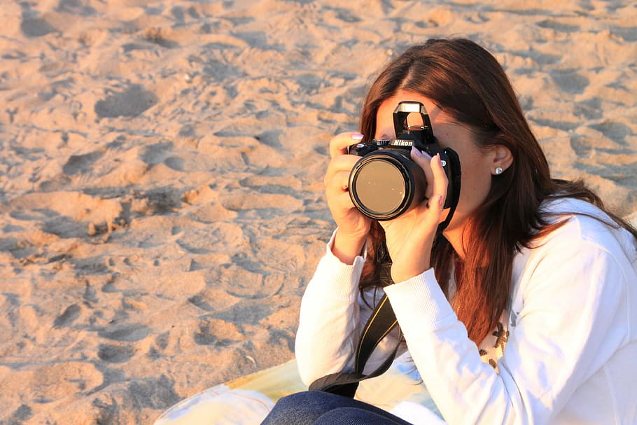 woman, using, sitting, sand dunes, DSLR camera, beach, female, girl, light, photographer