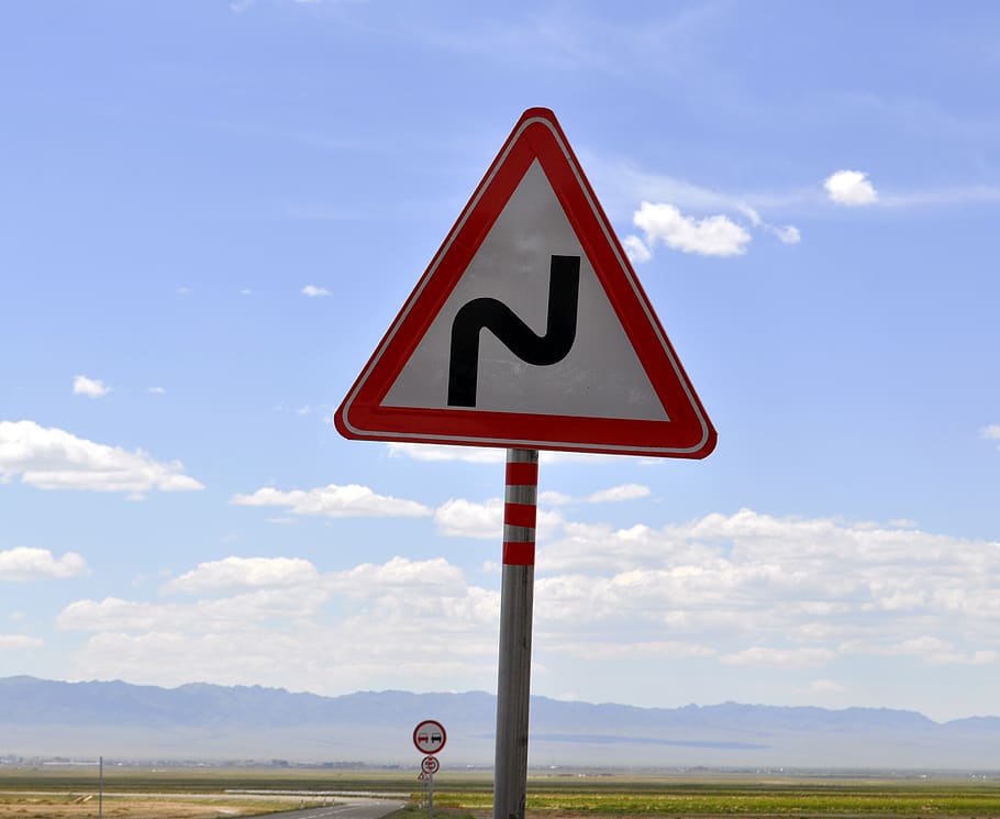 road sign, sign, road, mongolia, gobi, sky, zigzag, zigzag road, symbol, cloud - sky