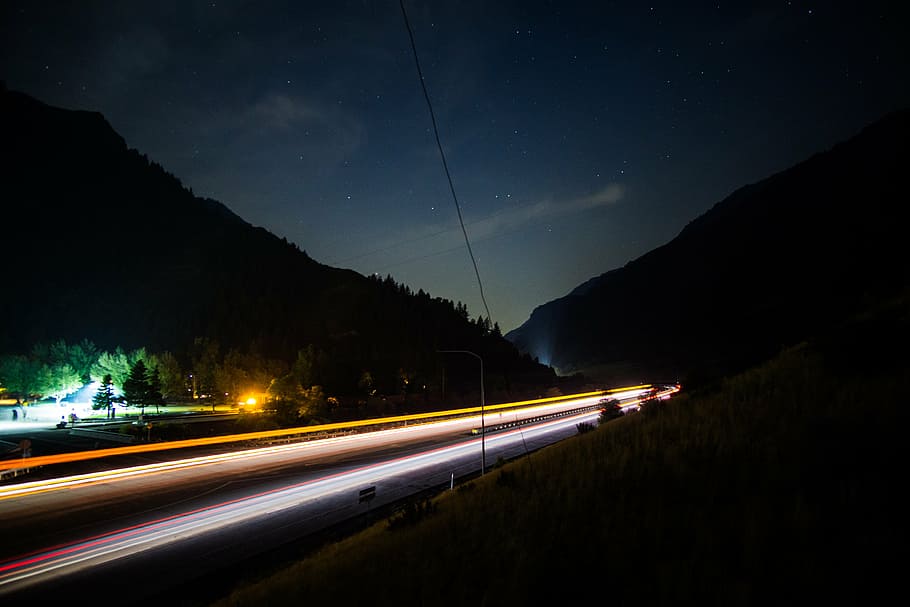 timelapse photography, cars, road, time, lapse, near, trees, mountains, night, dark