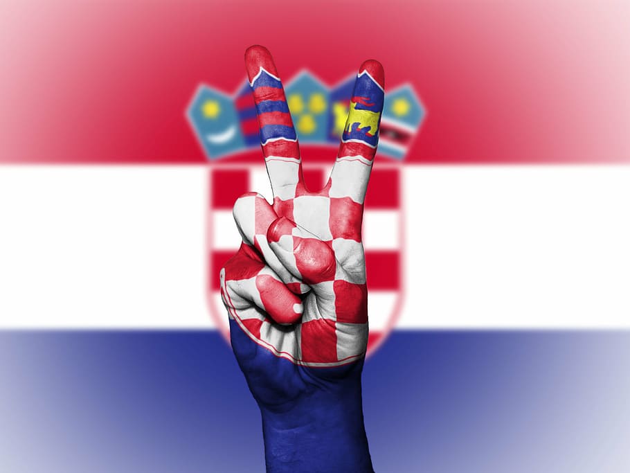 persona, mano, ilustración de signo de mano de paz, Croacia, paz, nación, fondo, bandera, colores, país