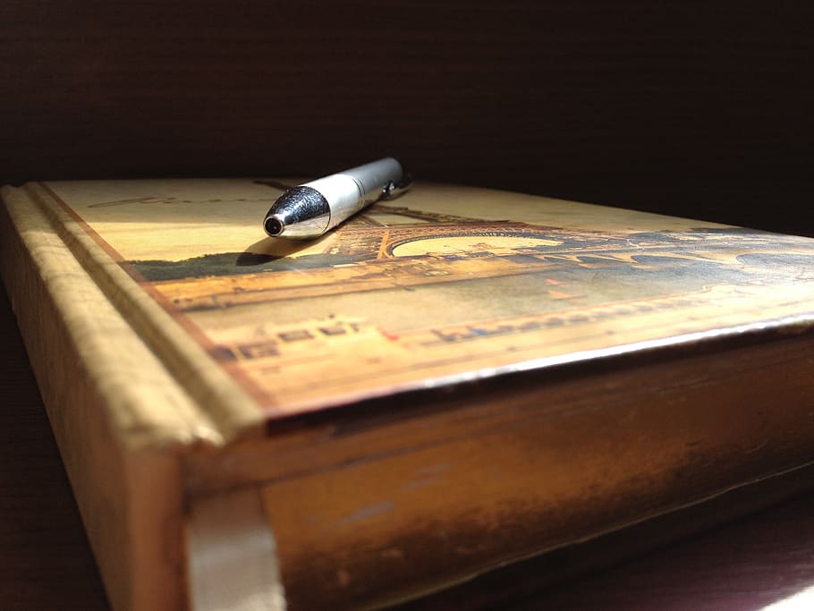 book, notebook, pen, still life, indoors, wood - material, table, close-up, communication, selective focus