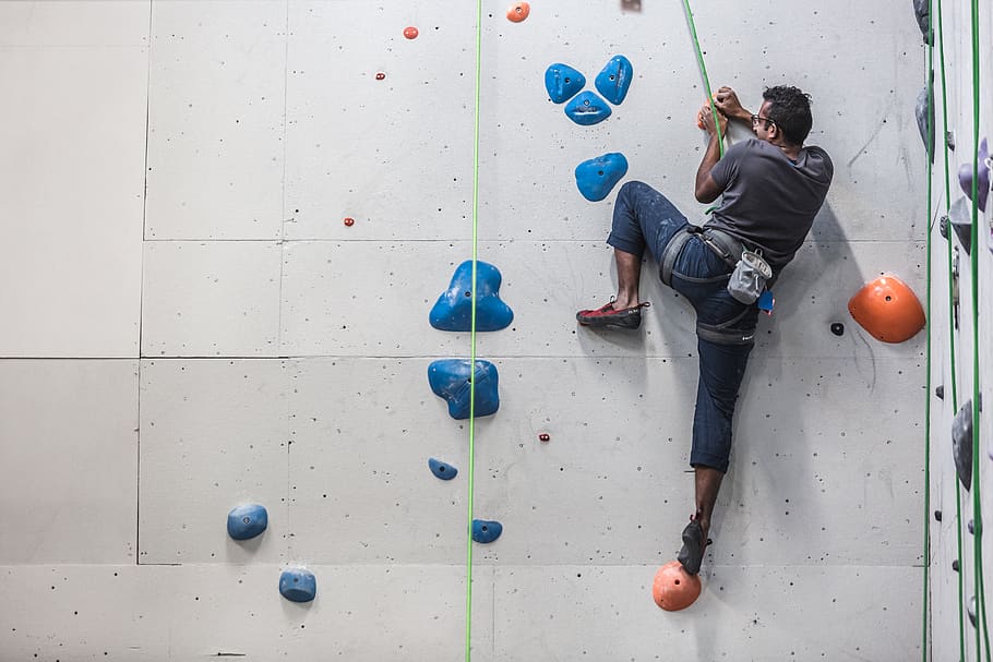 indoors, rock, climbing, person, man, sport, exercise, fitness, fun, wall