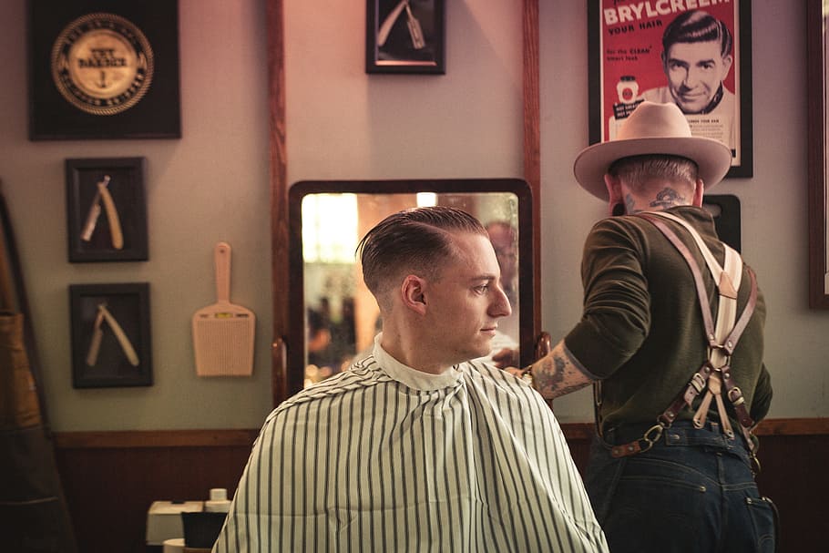 shallow, focus photography, man, sitting, front, mirror, people, barbershop, haircut, men