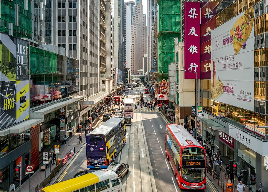 buses, street, daytime, city, road, horizontal, traffic, travel, hong kong, hustle and bustle