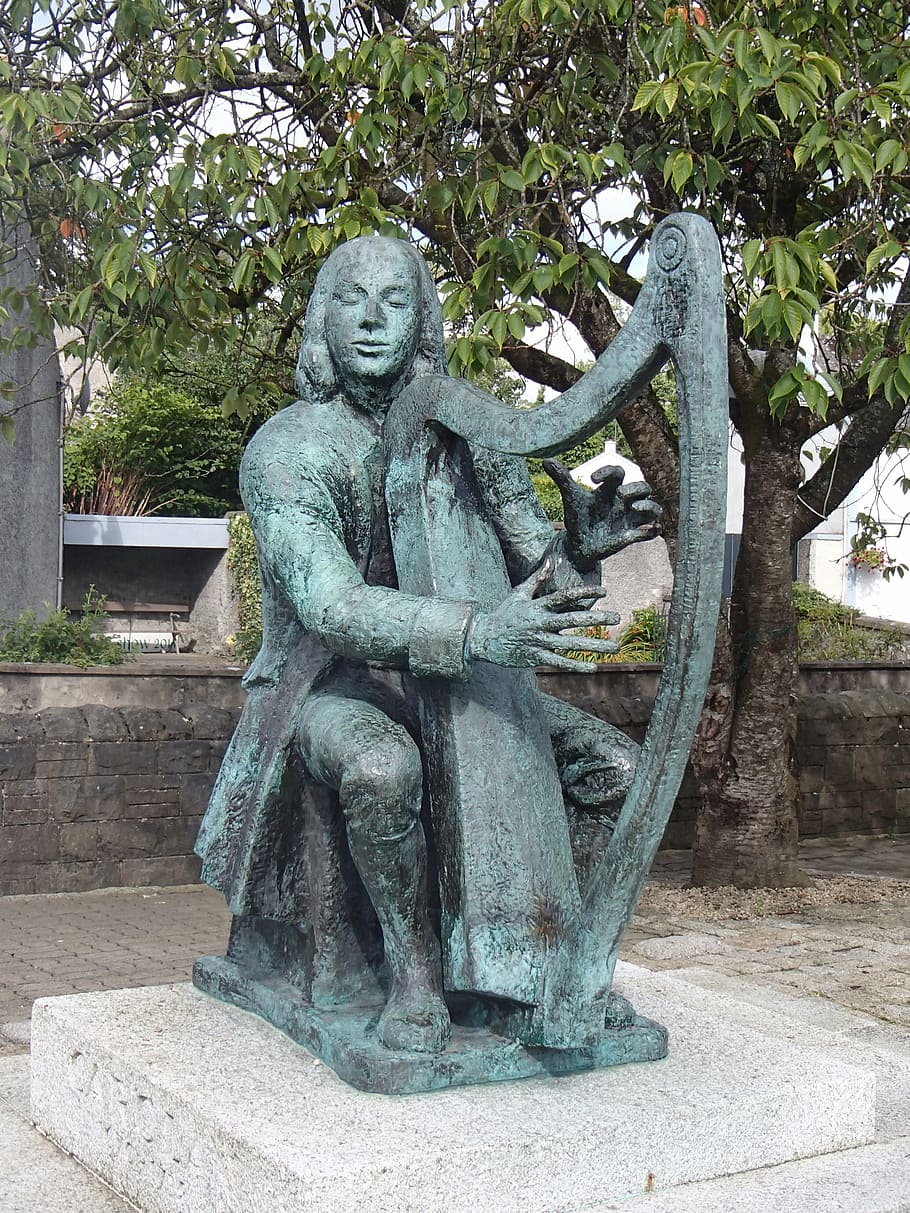 Harpist, Blind, Ireland, Irish, Folk, irish, folk, musician, statute, harp, carrick