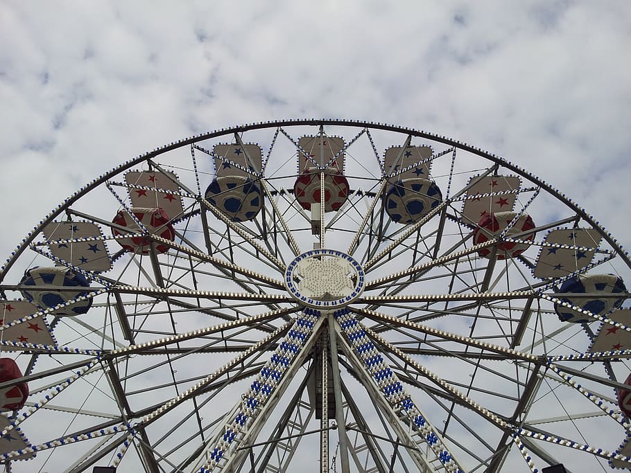 Ferris Wheel, Funfair, fun park, fun, clouds, joust, amusement park, arts culture and entertainment, amusement park ride, circle