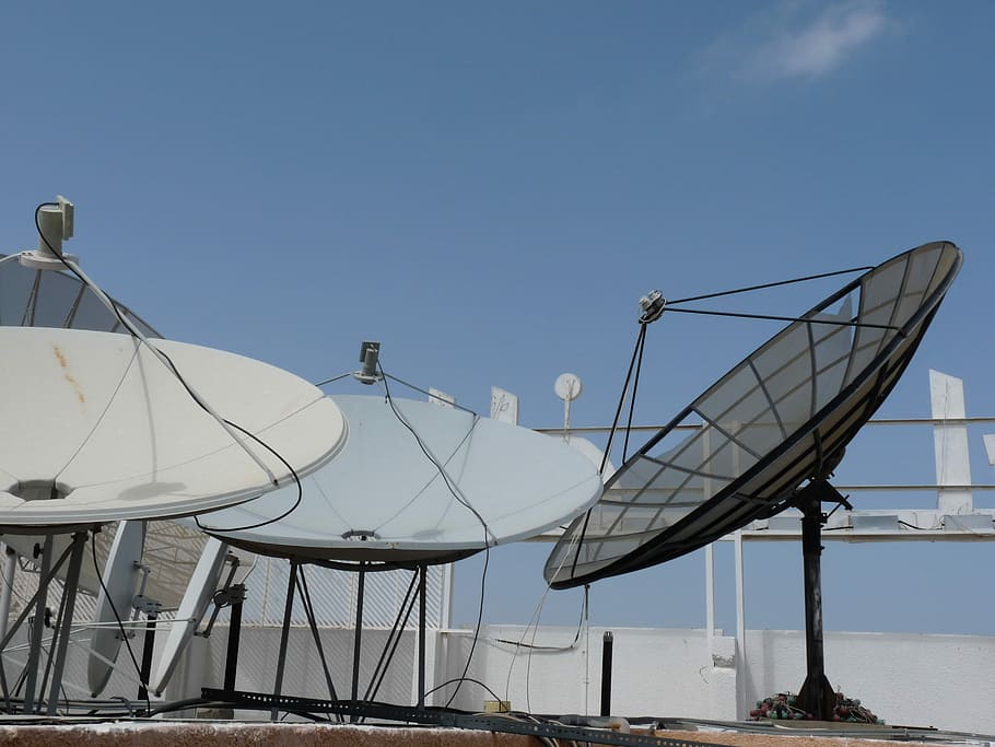 three, round, black, gray, white, satellite, blue, skies, Antenna, Communication