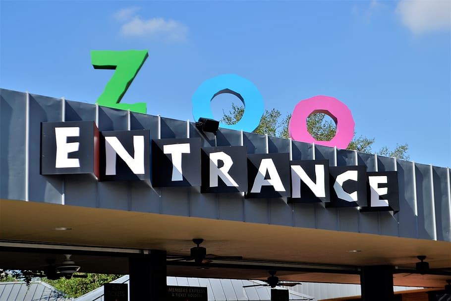 kebun binatang herman park, pintu masuk, houston, texas, logo, tenda, putih, hijau, biru, ungu