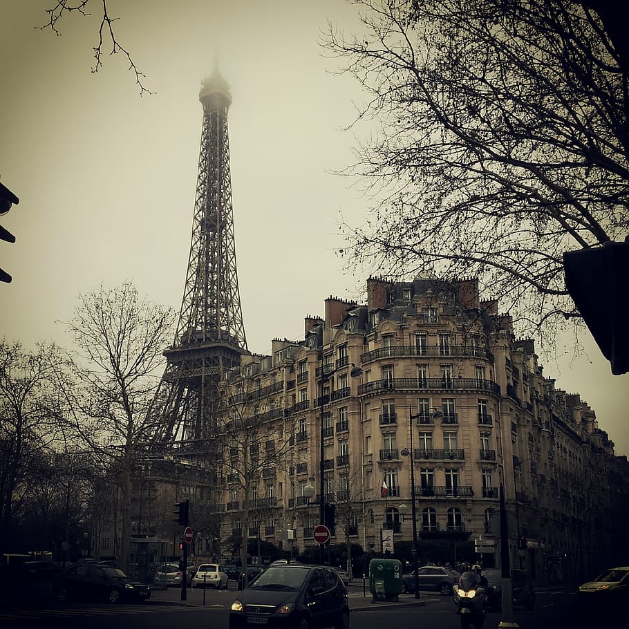 eiffel tower, buildings, paris, france, city, europe, cars, road, street, trees