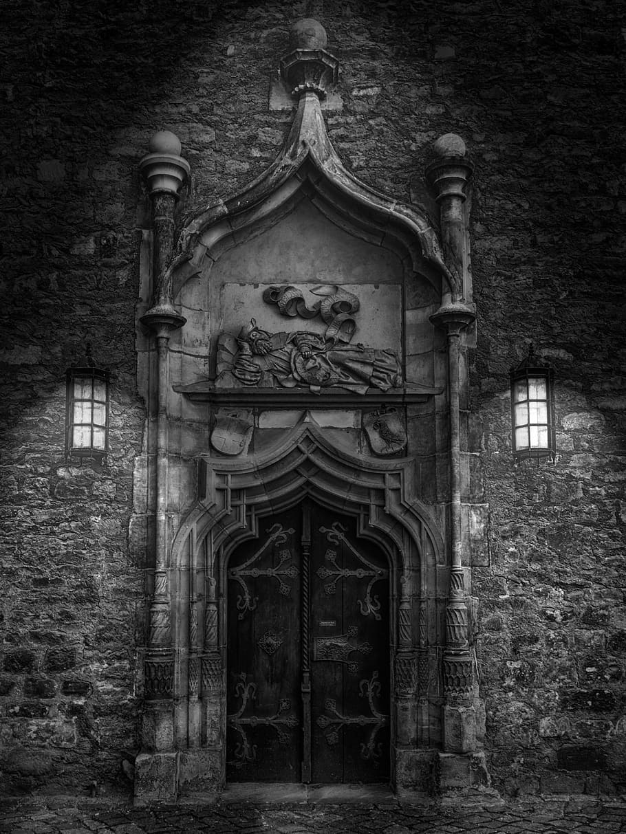greyscale photo, closed, door, goal, black and white, old door, input, wood, front door, b w