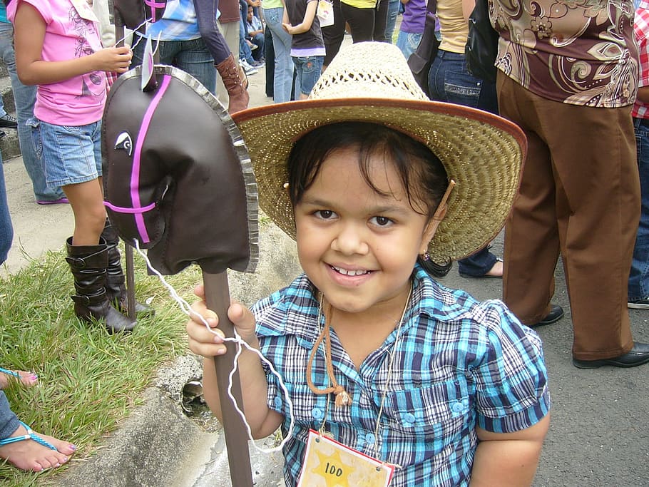 holding, gray, shovel, standing, curb, Girl, Cowboy, Party, Hat, Horse, Parade