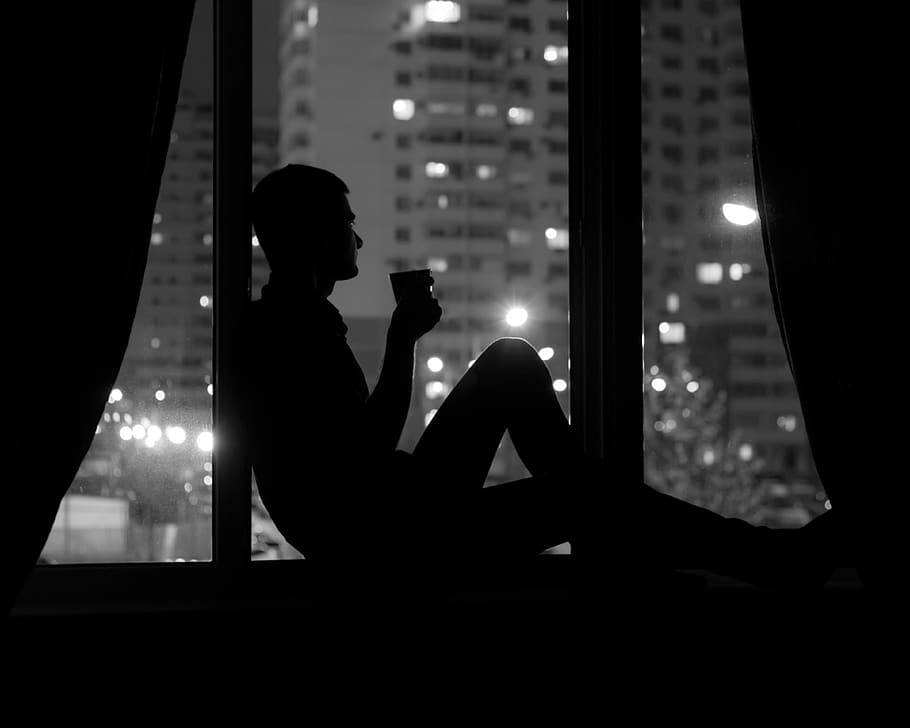 man, guy, alone, sitting, evening, lonely, watch, window, light, city