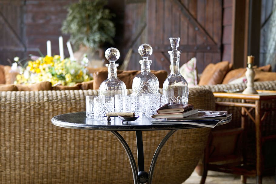three, decanters, wine table, table, coffee table, furniture, bottle, wine, the drink, beverage