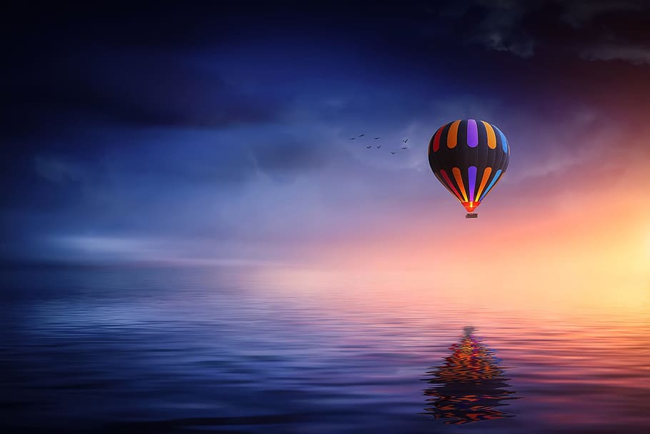 hot, air balloon, flying, water, parachoute, lake, balloon, sunset, sun, landscape