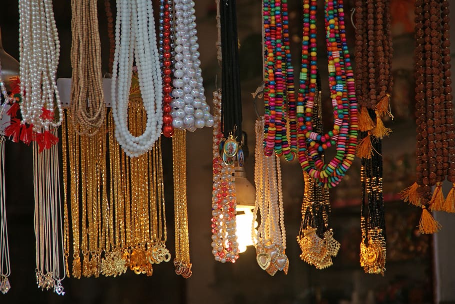 Manik-manik, Kalung, Toko, Kios, India, menarik, warna, gantung, variasi, pasar